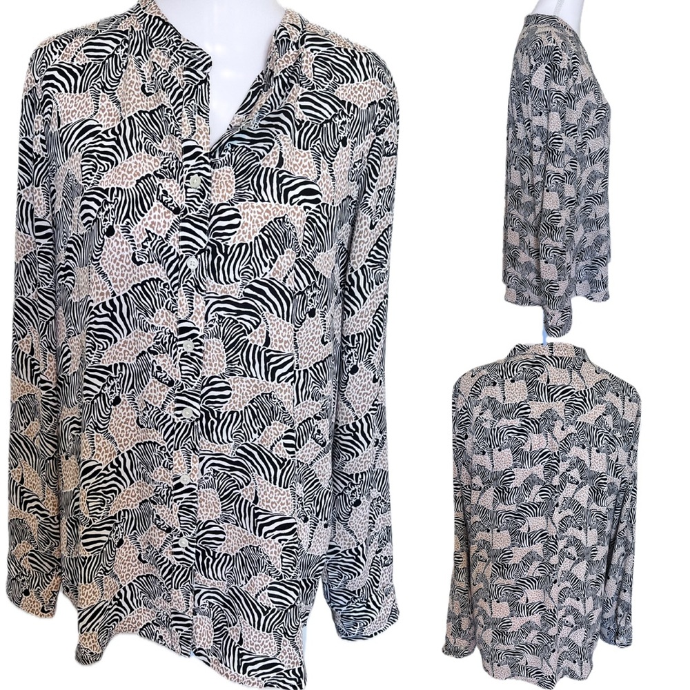 J. Crew Zebra Cheetah Leopard Print Button up Blouse Mandarin Collar Sz Small